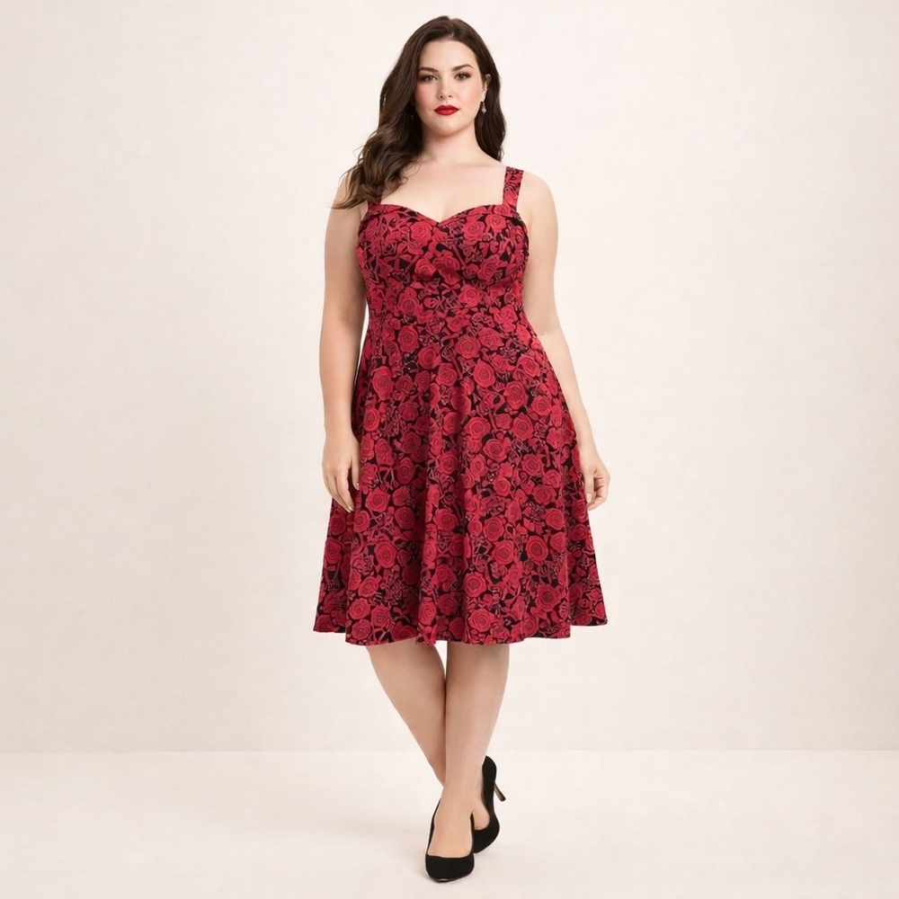 TORRID 18 Unique gothic Retro Chic Red Roses, Skulls, Keys fit & flare dress - Picture 3 of 15